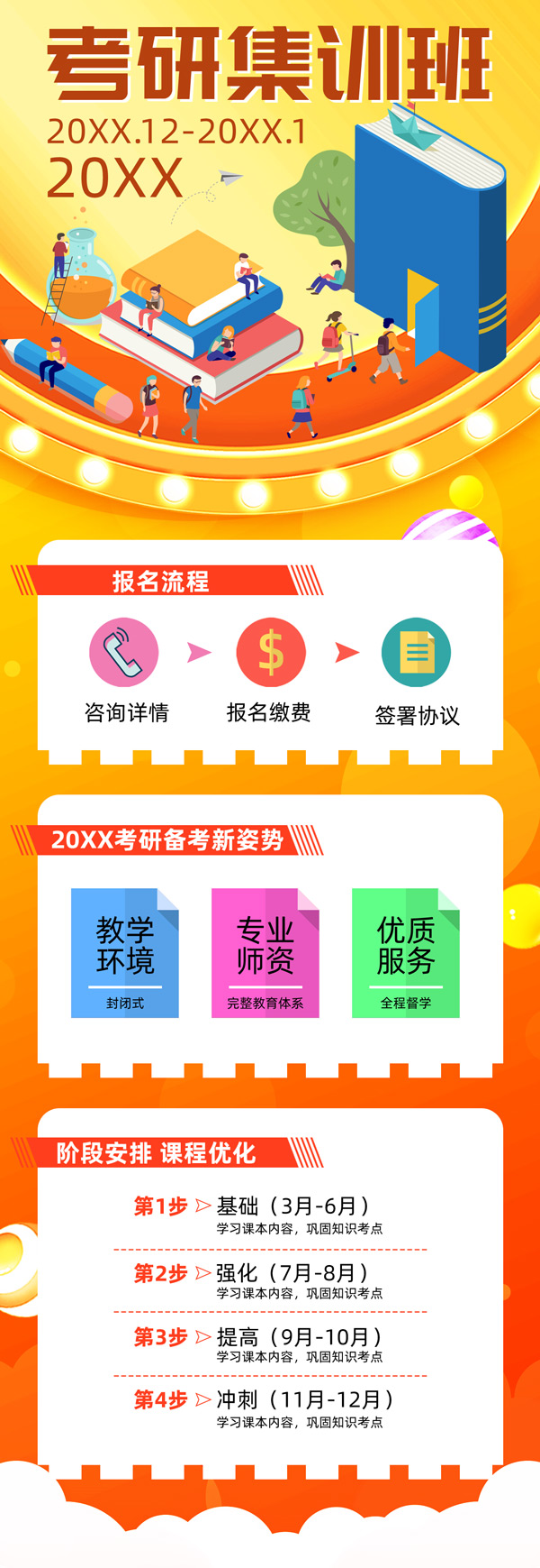 免费考研集训班招生活动宣传H5长图模板素材